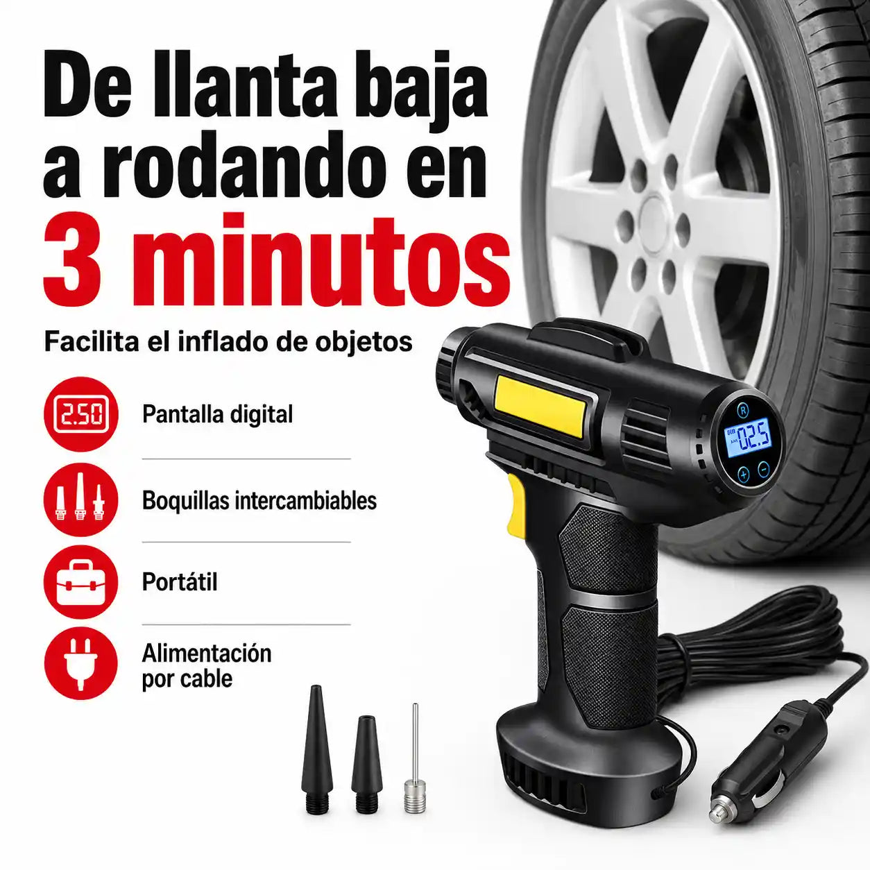 Inflador Portátil con Luz LED — Llanta Lista en 3 Minutos